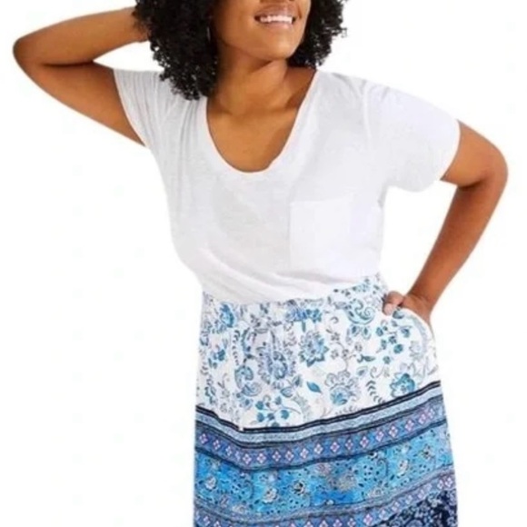 LOFT Floral Blue A-Line Skirt with Draw String Medium - Picture 4 of 6